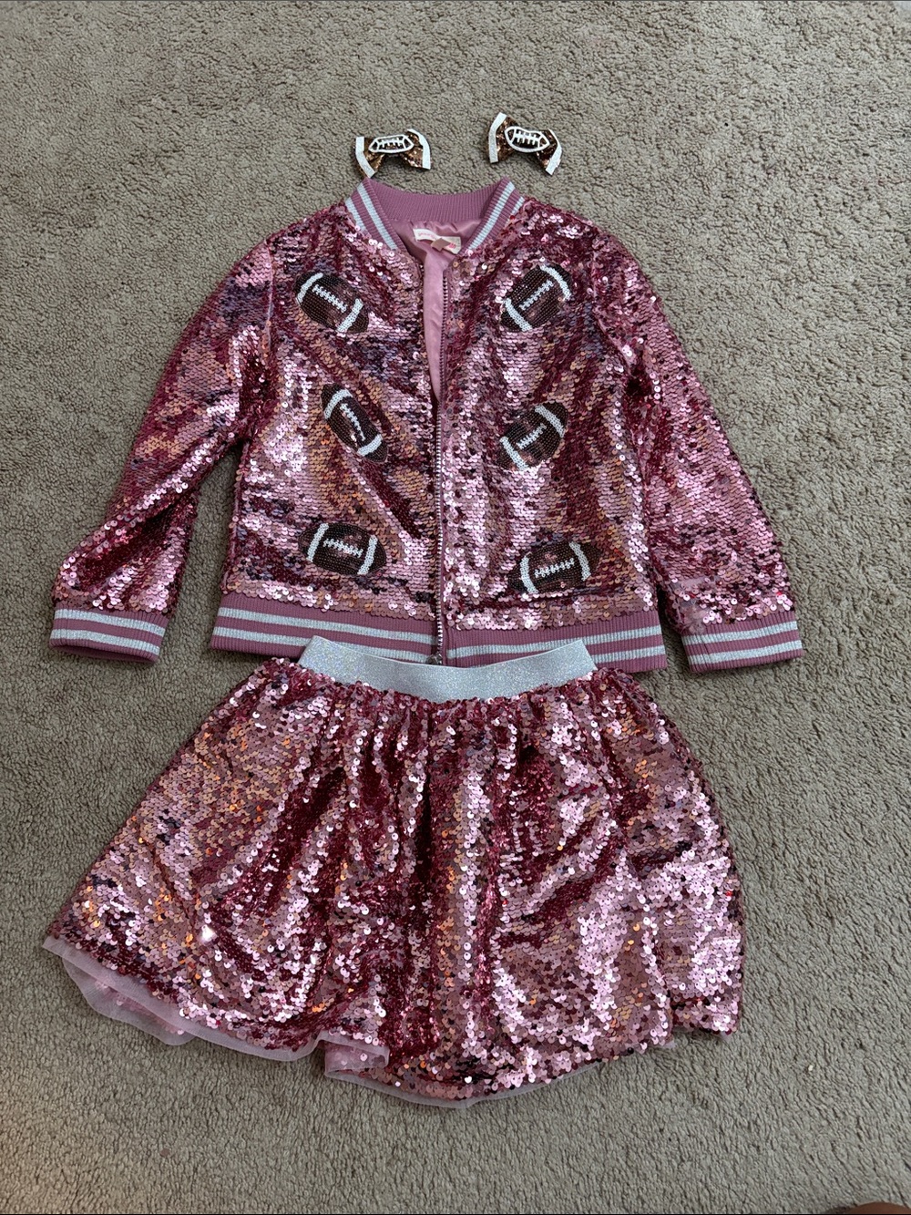 Size 6 Kids Sequin Football Bomber Jacket & Skirt Set - Pink